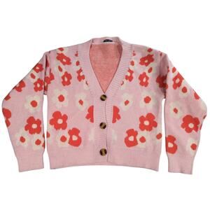 Melody Womens Small Pink Floral Cropped Button Cardigan Sweater Polyester Knit